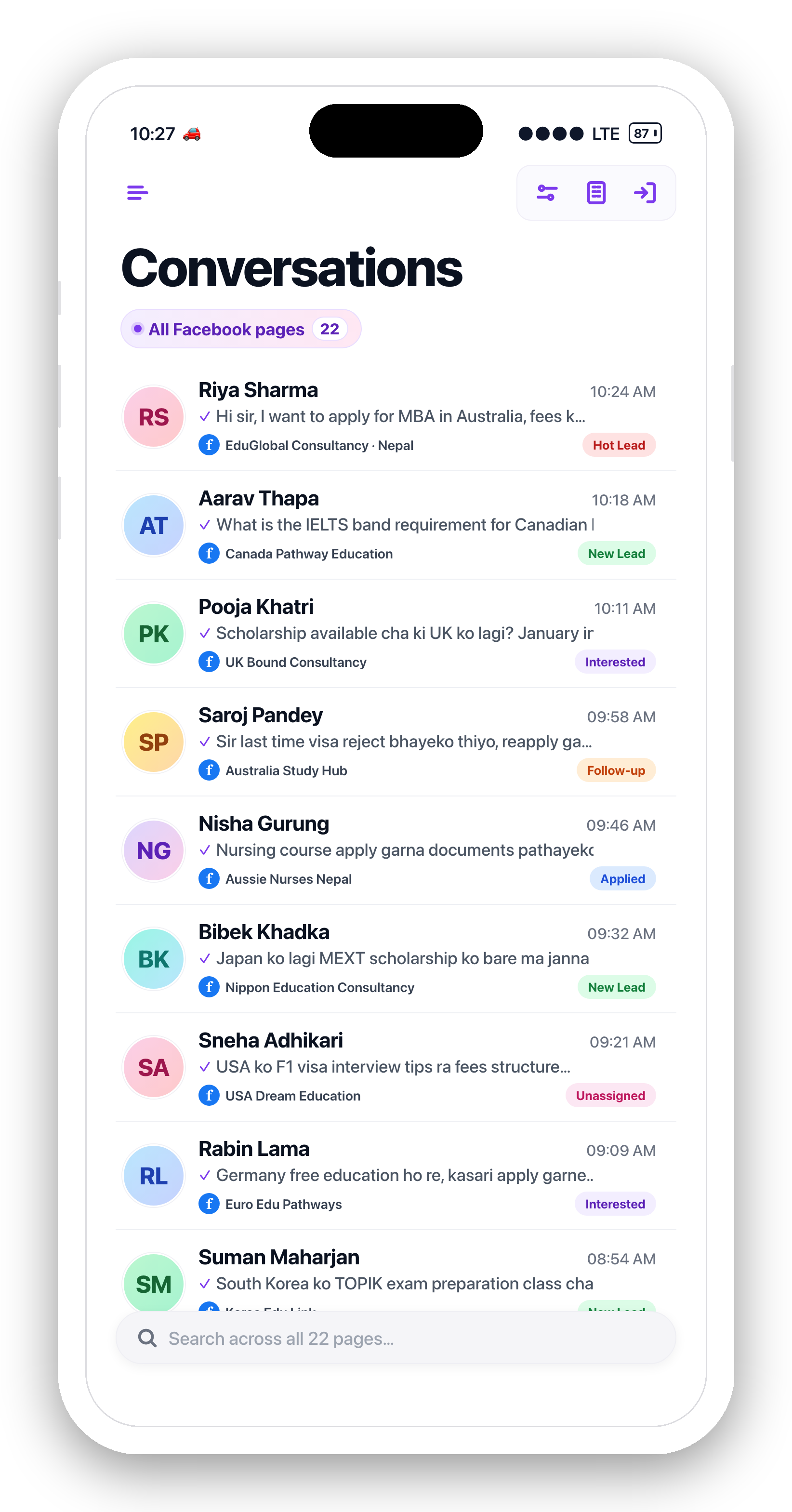 Sambad mobile inbox showing 22 Facebook pages of a consultancy with hot, new, interested, follow-up and applied lead labels